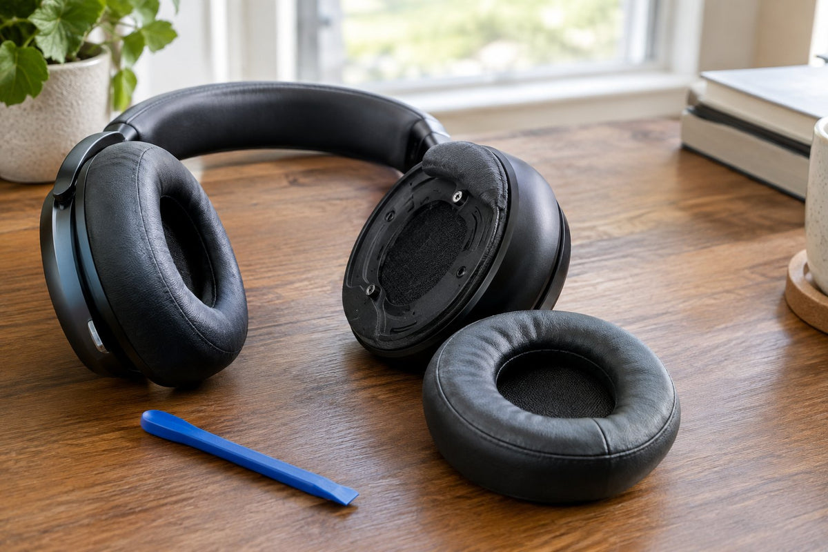 Over-ear headphones with a worn ear cushion removed and a new replacement ear pad beside it