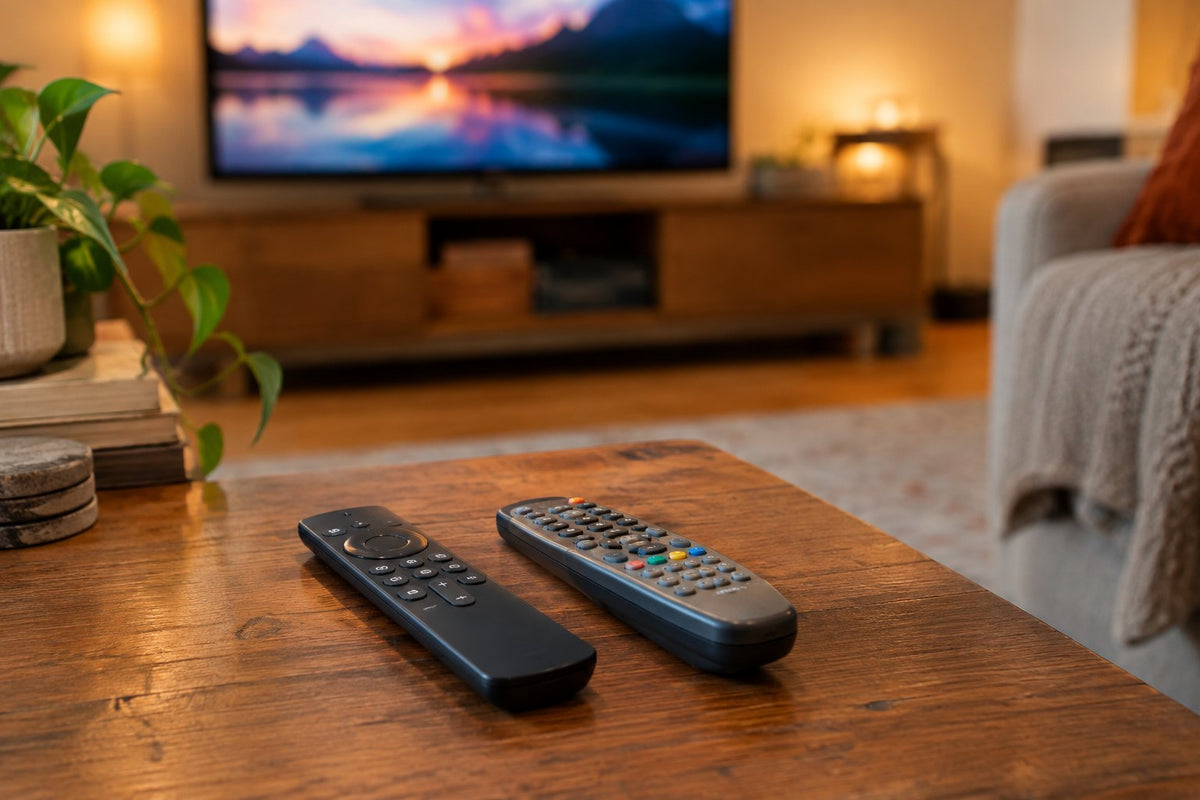 A replacement TV remote on a coffee table in front of a television