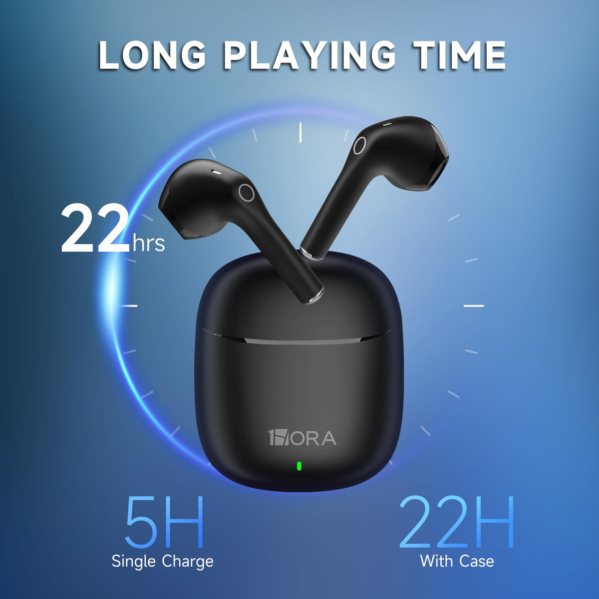 1 Hora close-up of earbud stem highlighting secure ergonomic fit