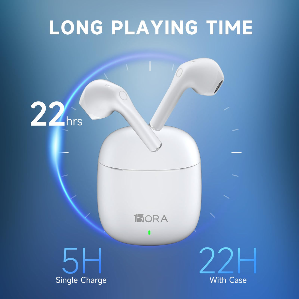 1 Hora charging case open with earbuds inside highlighting quick on-the-go charging