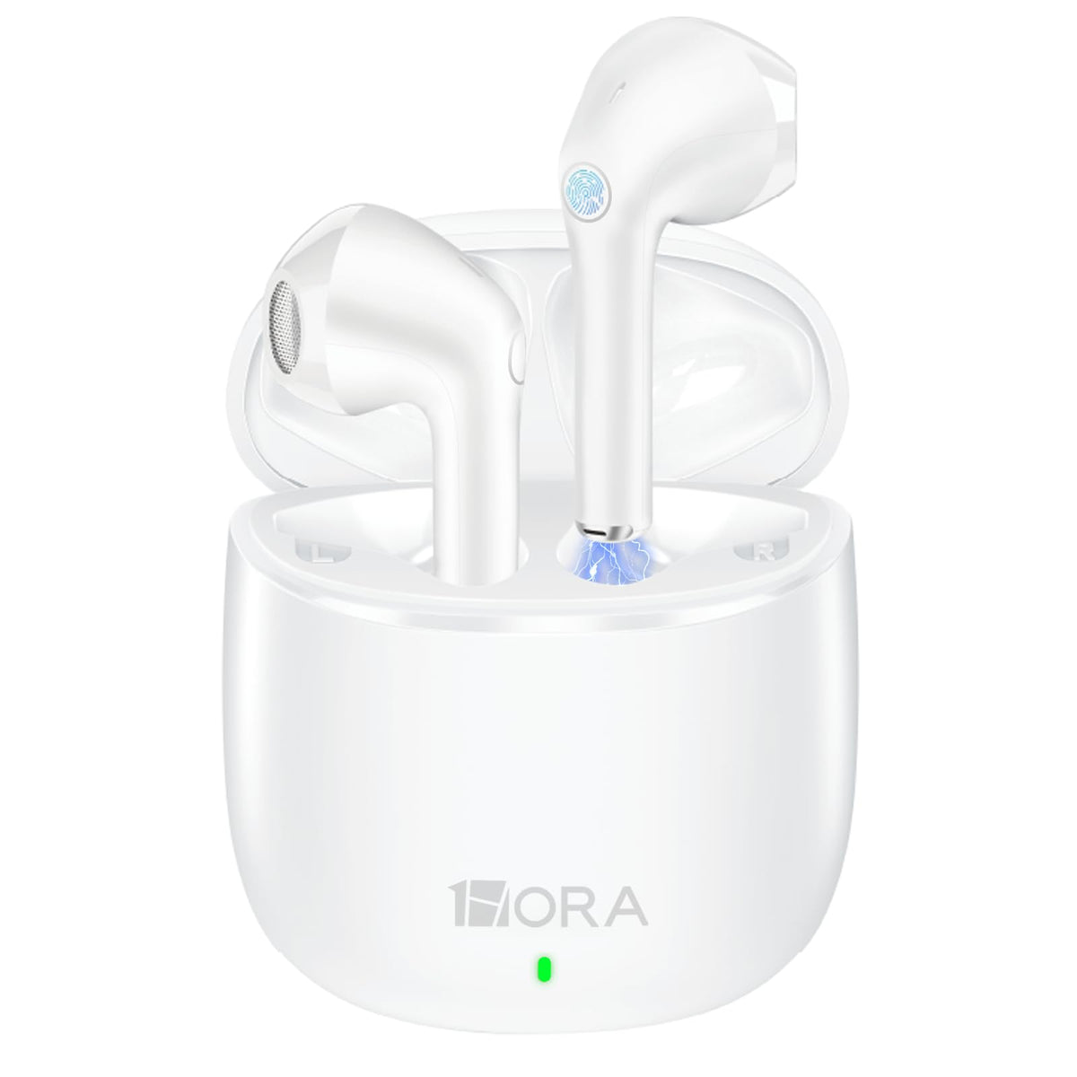 1 Hora earbuds front view showing sleek white design and benefits of portability