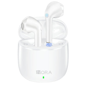 1 Hora earbuds front view showing sleek white design and benefits of portability