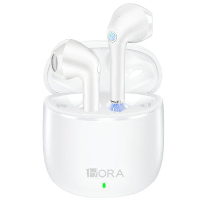 1 Hora earbuds front view showing sleek white design and benefits of portability