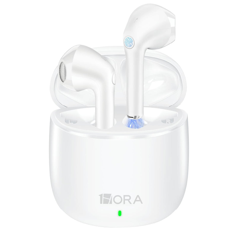 1 Hora earbuds front view showing sleek white design and benefits of portability