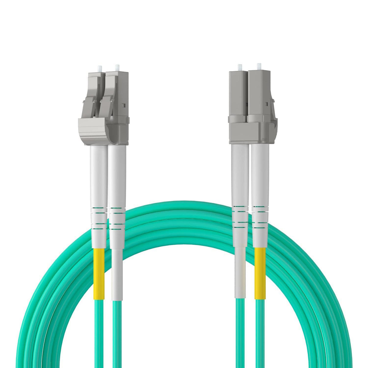10Gtek LC-LC OM3 patch cable connector close-up in aqua jacket for reliable links