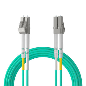 10Gtek LC-LC OM3 patch cable connector close-up in aqua jacket for reliable links