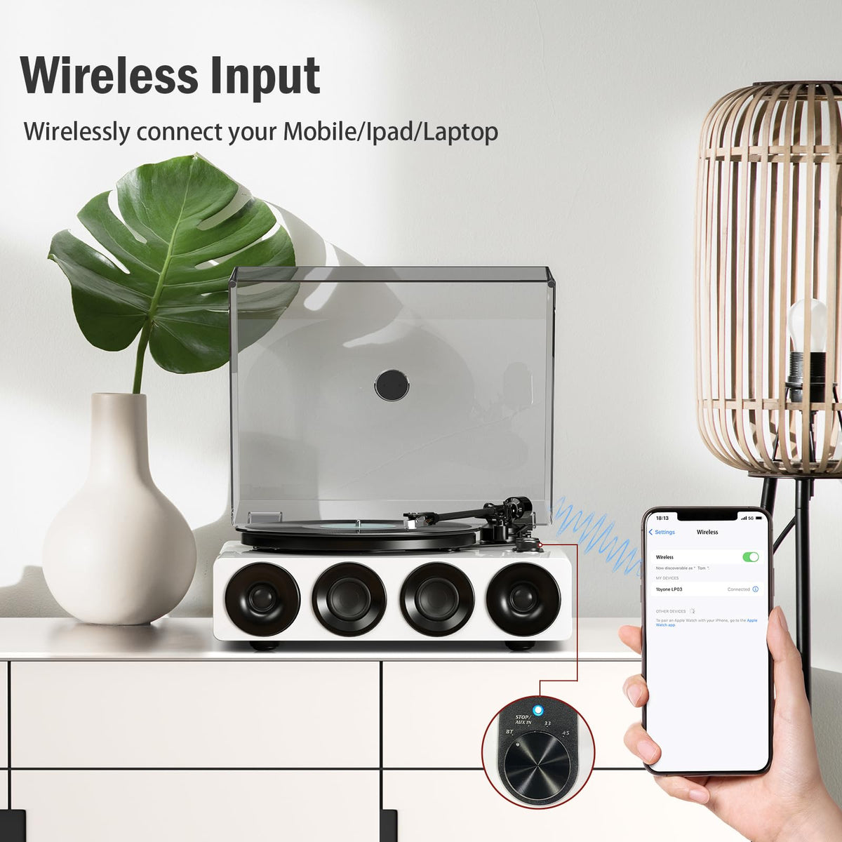 1byone all-in-one record player Bluetooth input for wireless streaming