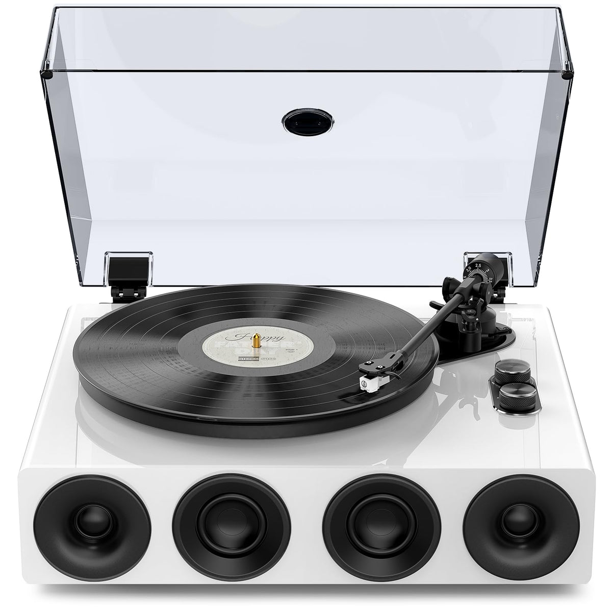 1byone all-in-one record player front view in piano white with built-in speakers