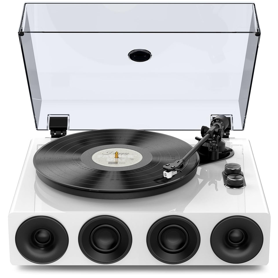 1byone all-in-one record player front view in piano white with built-in speakers