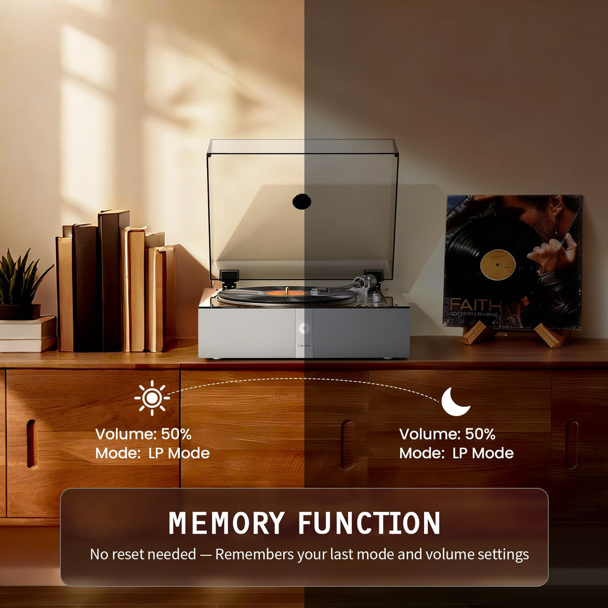 1byone auto-return tonearm protects vinyl and stylus during playback.