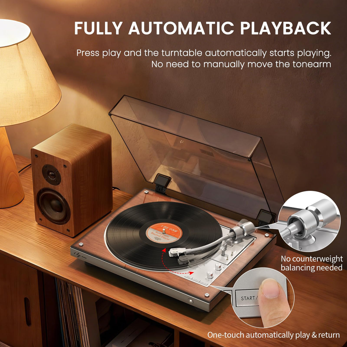 1byone turntable automatic operation demonstrates effortless start and auto return.