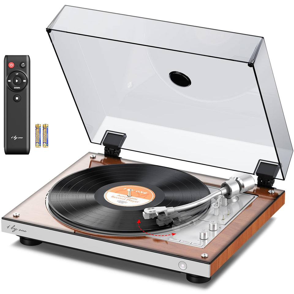 1byone belt-drive turntable top view showcases wood-look cabinet for stylish, versatile placement.