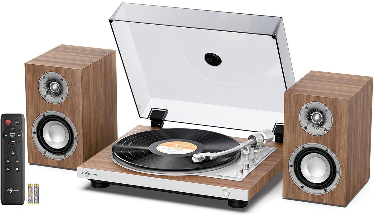 1byone front view turntable shows a stylish retro design ideal for living rooms.