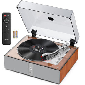 1byone fully automatic record player front view showcasing retro-modern design for living rooms.