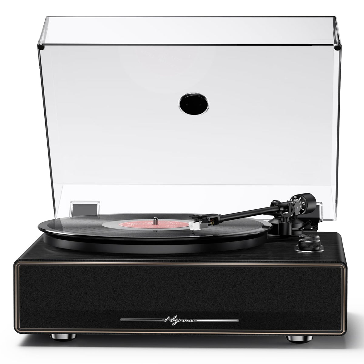 1byone high fidelity all-in-one record player with built-in speakers for clutter-free listening.
