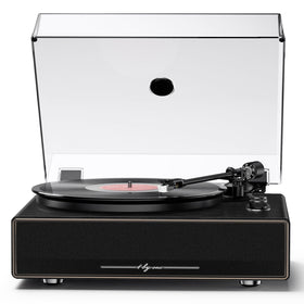 1byone high fidelity all-in-one record player with built-in speakers for clutter-free listening.
