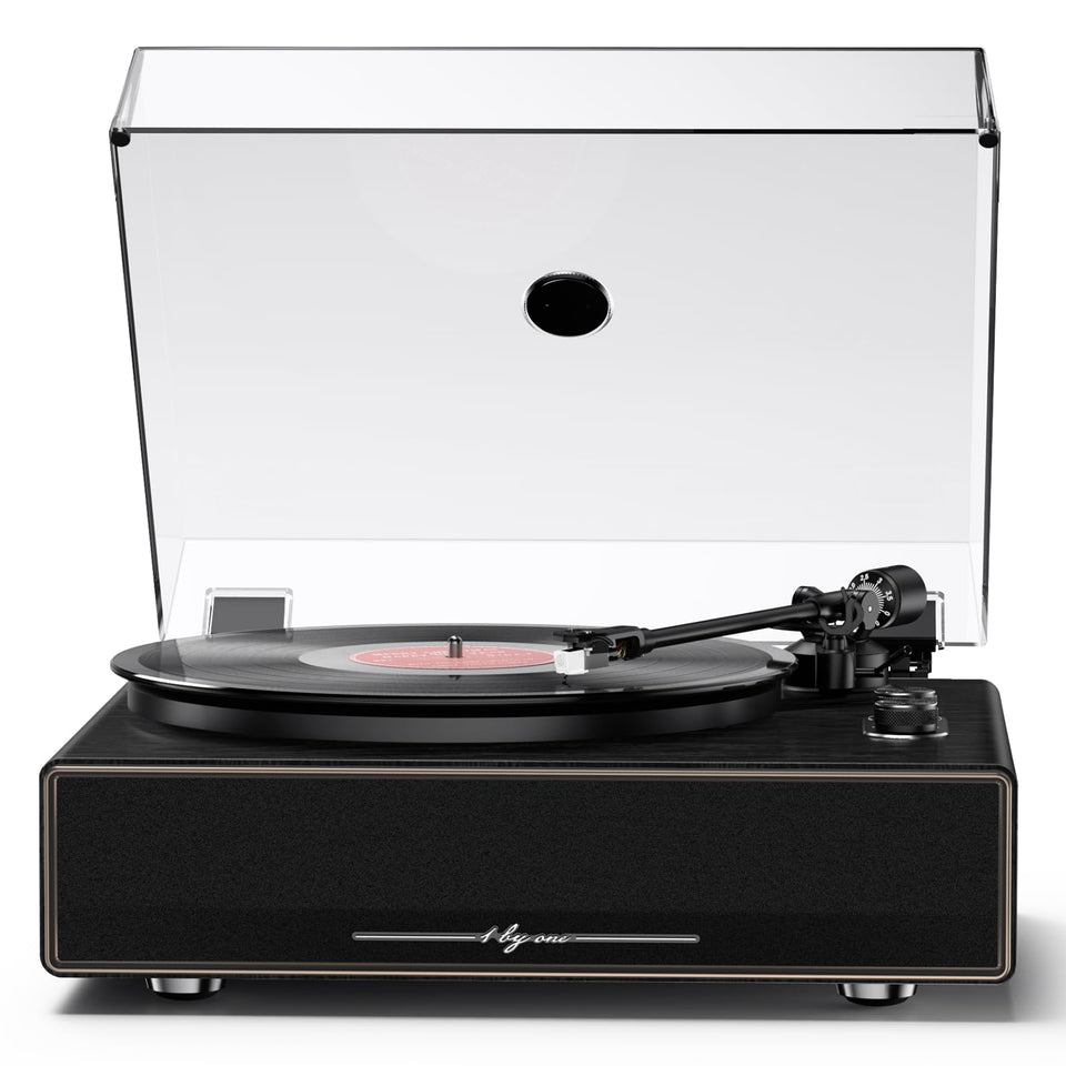 1byone high fidelity all-in-one record player with built-in speakers for clutter-free listening.