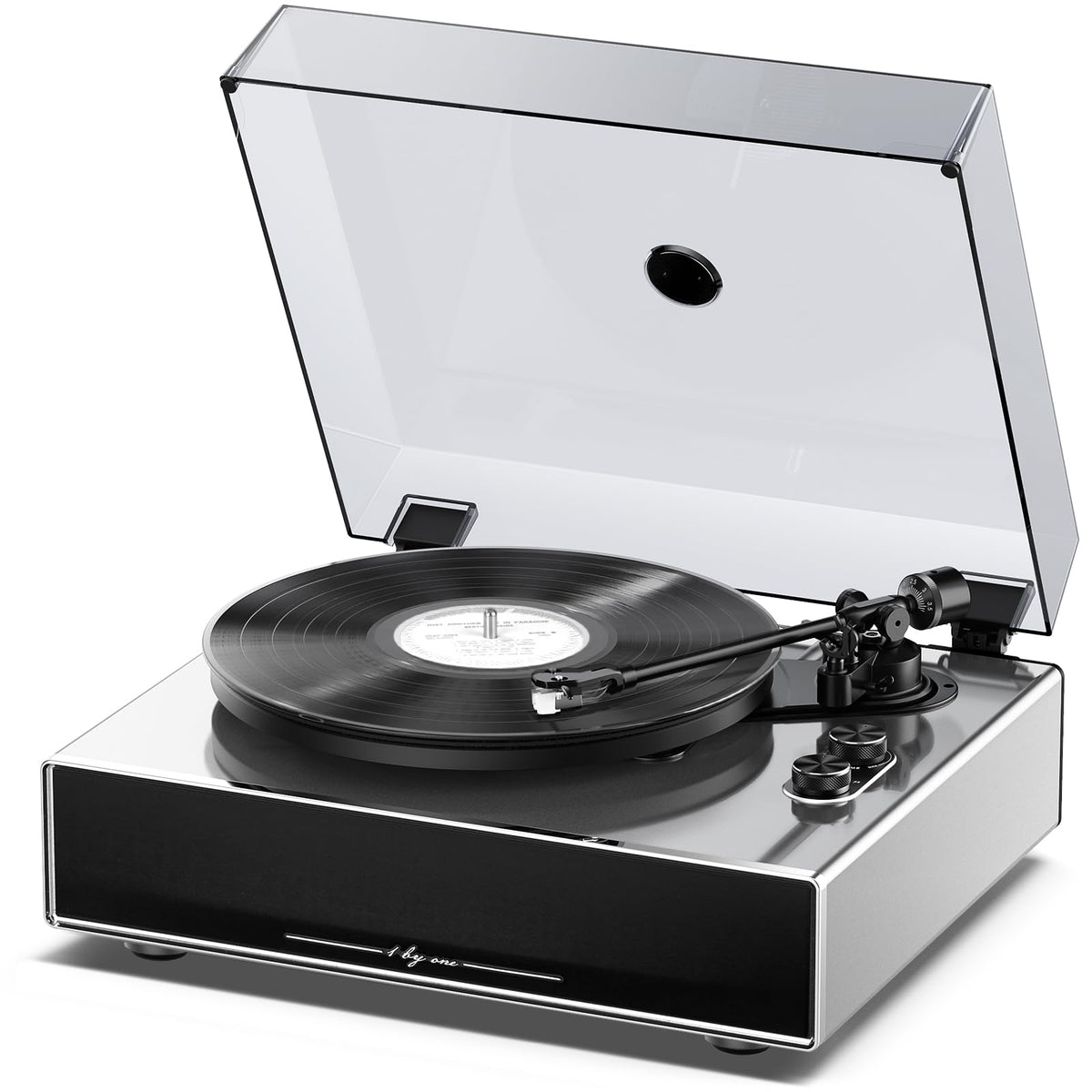 1byone record player with built-in speakers for fuller bass and crisp highs