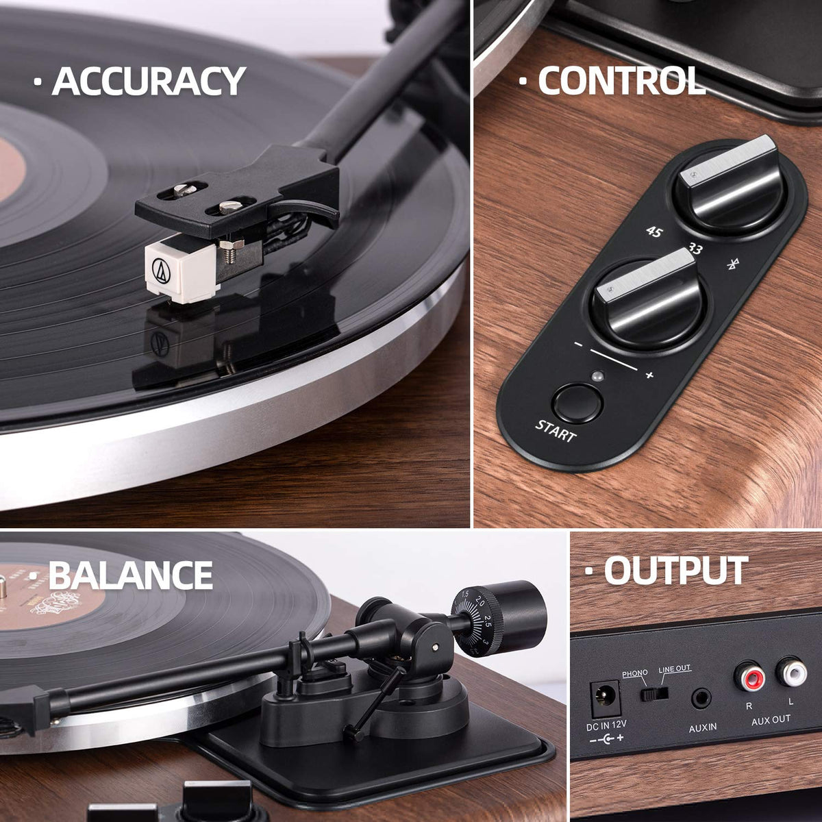 1byone turntable supports 33 and 45 RPM for versatile vinyl playback.