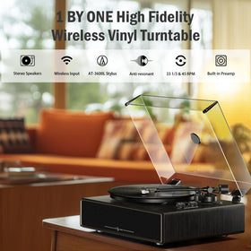 1byone supports 33 1/3 and 45 rpm for versatile listening.
