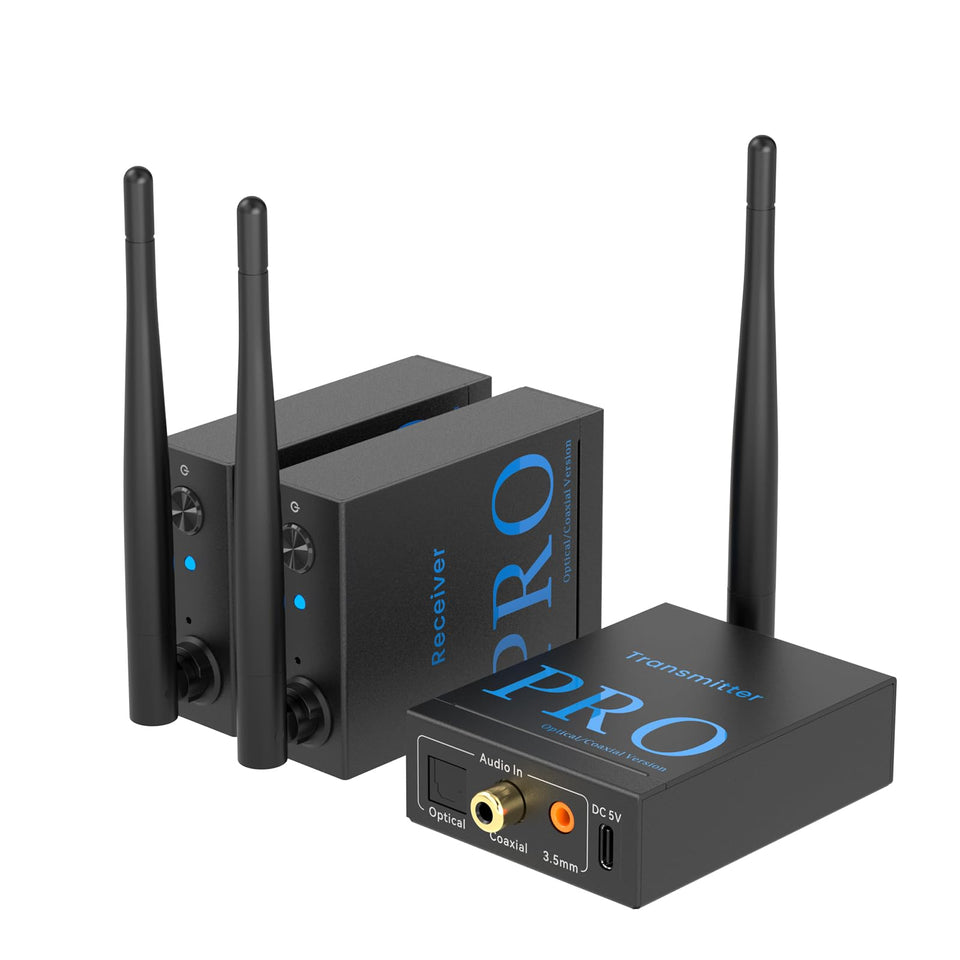 1Mii 3-in-1 transmitter-receiver on desk enabling wireless TV to speaker setup