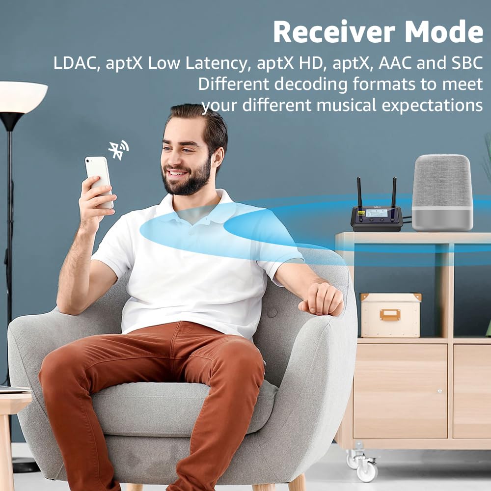 1Mii B03Pro+ TX mode setup links TV and wireless headphones for synced audio.