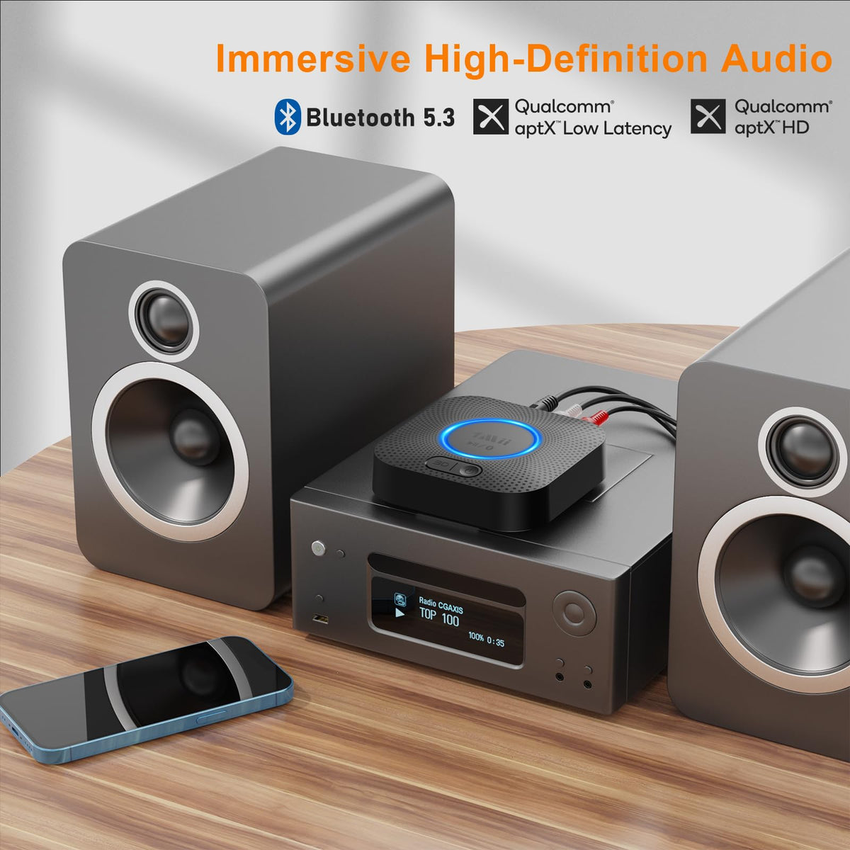 1Mii B06+ placed under TV showing use for streaming TV audio to speakers