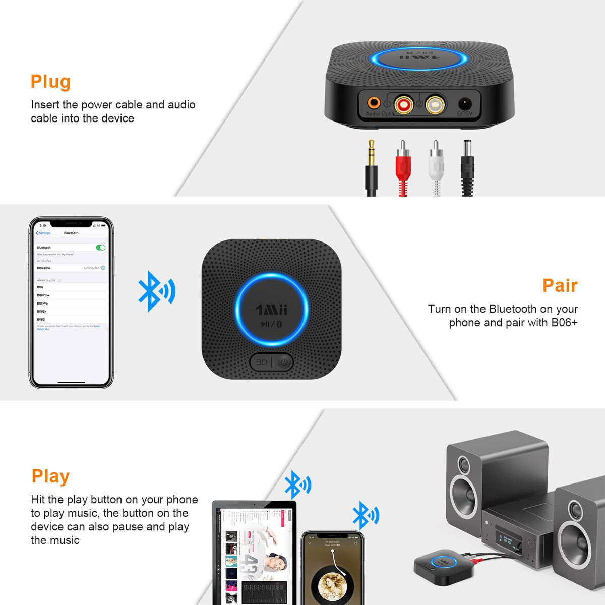 1Mii B06+ packaging with included USB adapter and audio cables for quick setup
