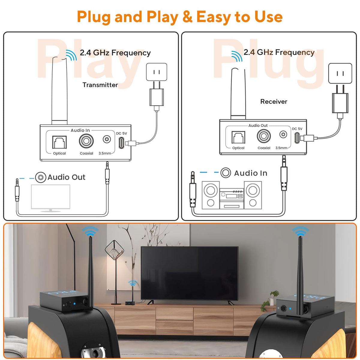 Cable-free setup reduces clutter around the TV stand