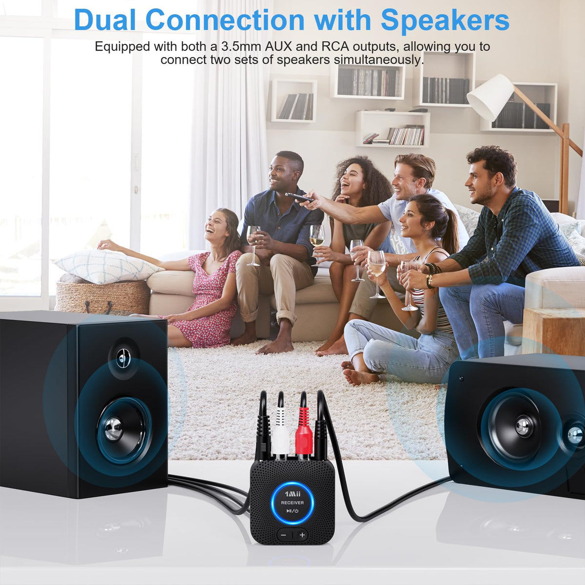 1Mii receiver with dual AUX and RCA outputs for two speakers