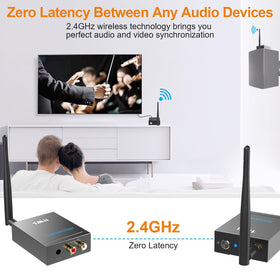 1Mii receiver hooked to a powered speaker delivering instant wireless sound