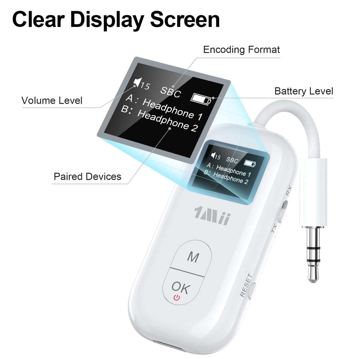 1Mii SafeFly Pro connected to TV demonstrating wireless headphone streaming