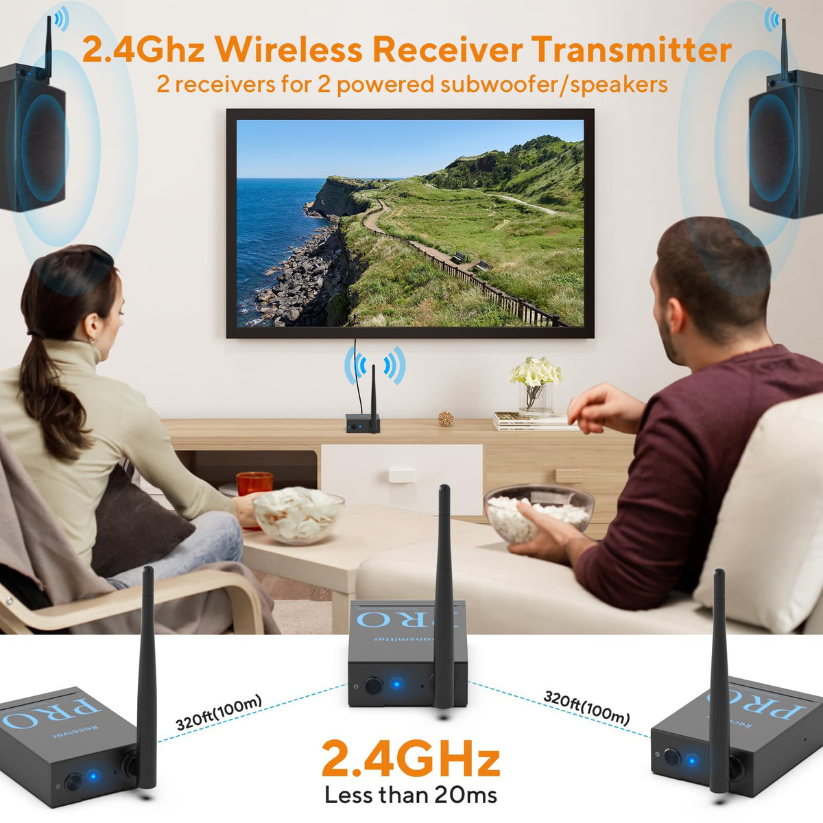 Two receivers connected to separate speakers for synchronized wireless audio