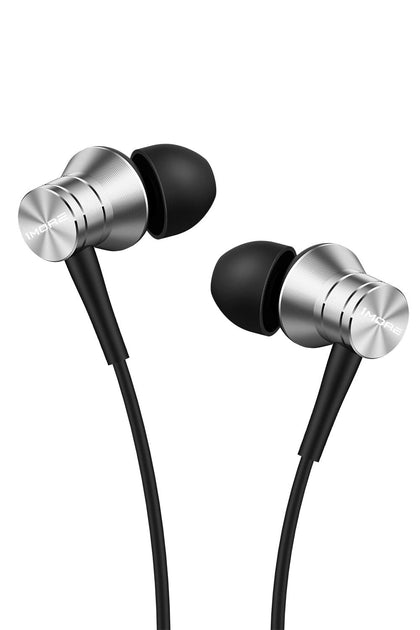 1MORE front view of silver earphones showing sleek design and clarity benefit