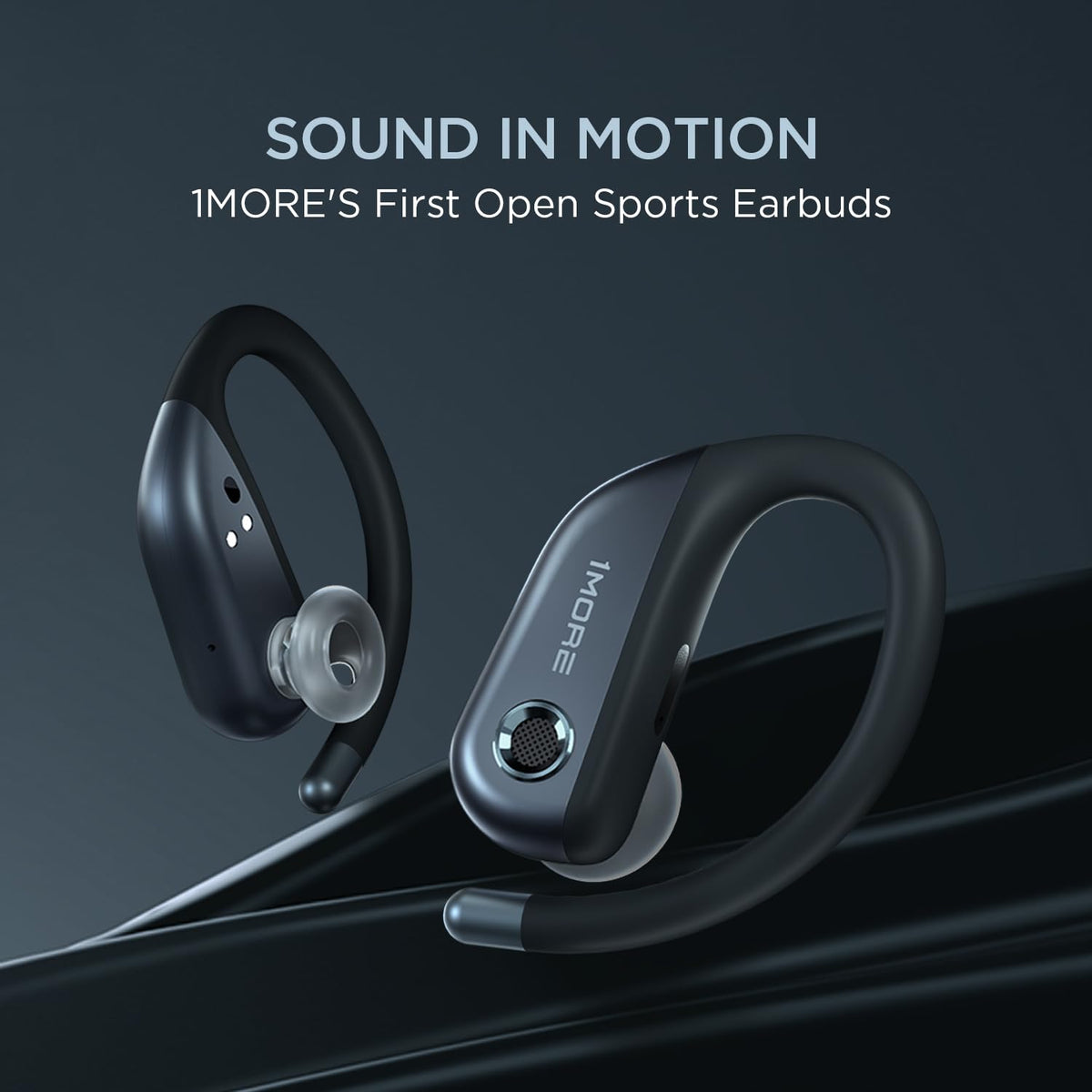 Close-up of 1MORE S50 Fit open-ear earbuds with earhooks for secure running