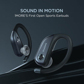 Close-up of 1MORE S50 Fit open-ear earbuds with earhooks for secure running