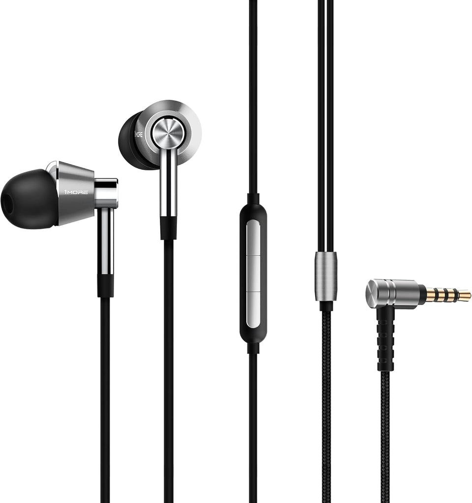1MORE Triple Driver earphones with a silver aluminum case for sleek protection
