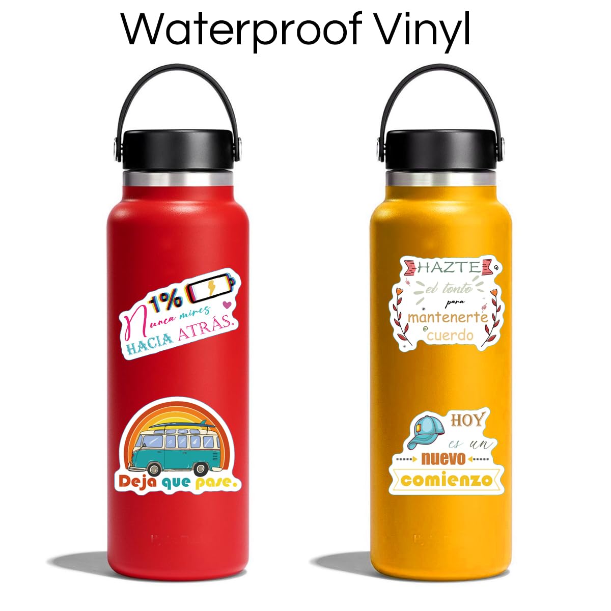 1step2dream Spanish stickers on a water bottle brighten the bottle and resist outdoor wear