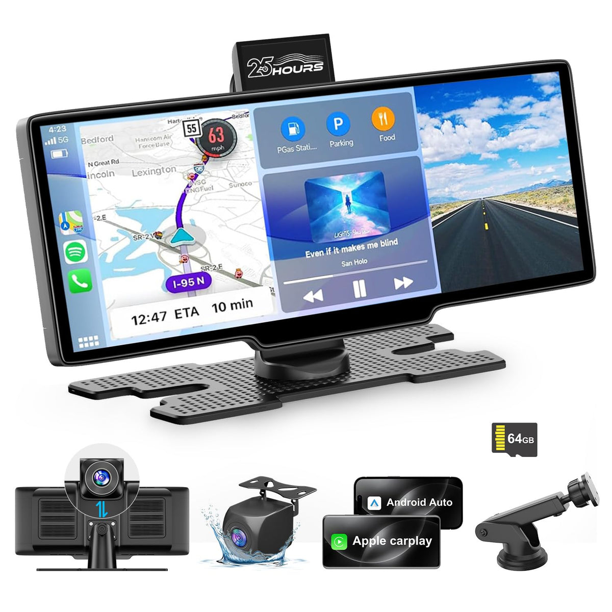 25HOURS HK3 10-inch wireless CarPlay screen for seamless phone mirroring