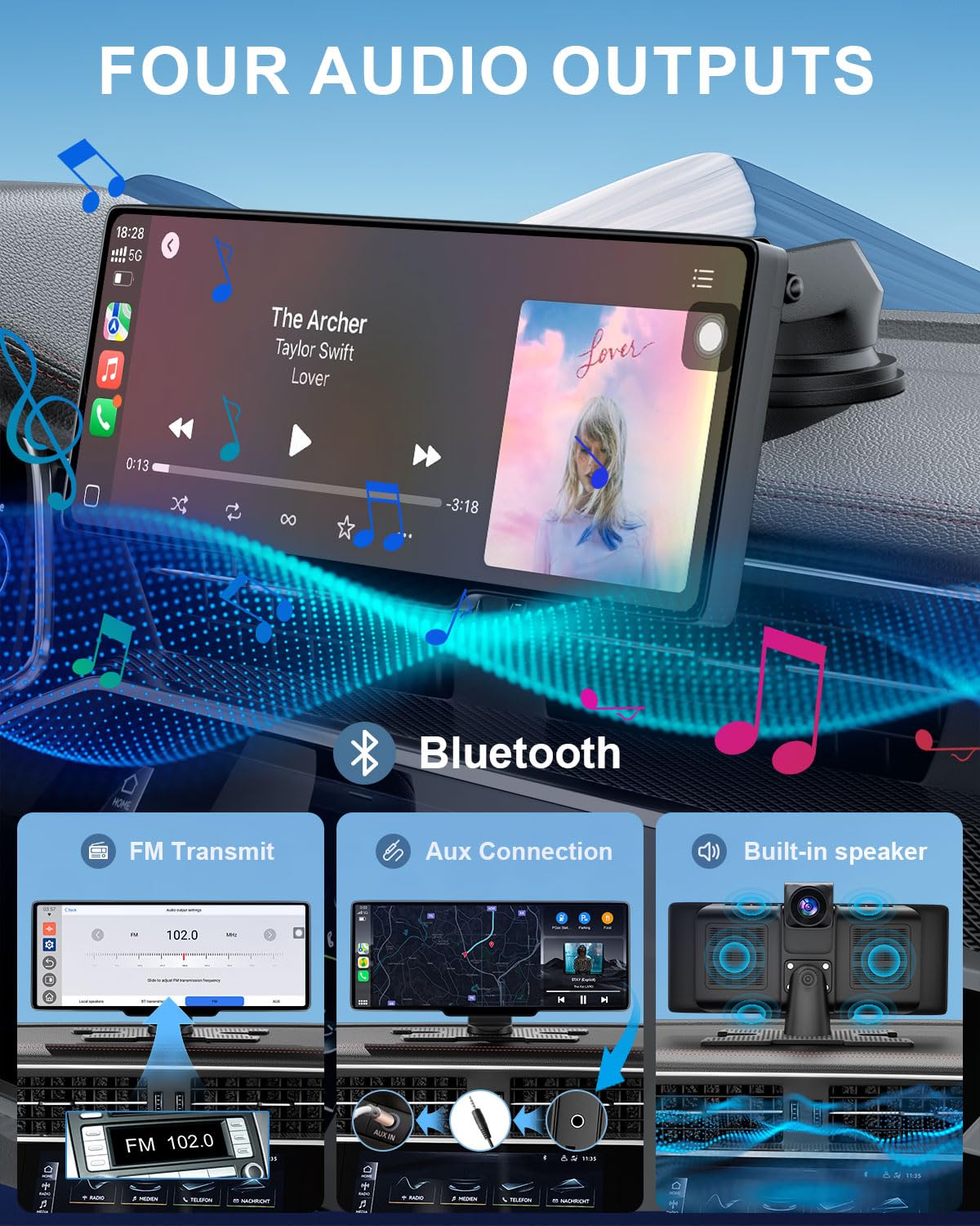 High-fidelity audio options via Bluetooth, AUX, FM, and built-in speakers