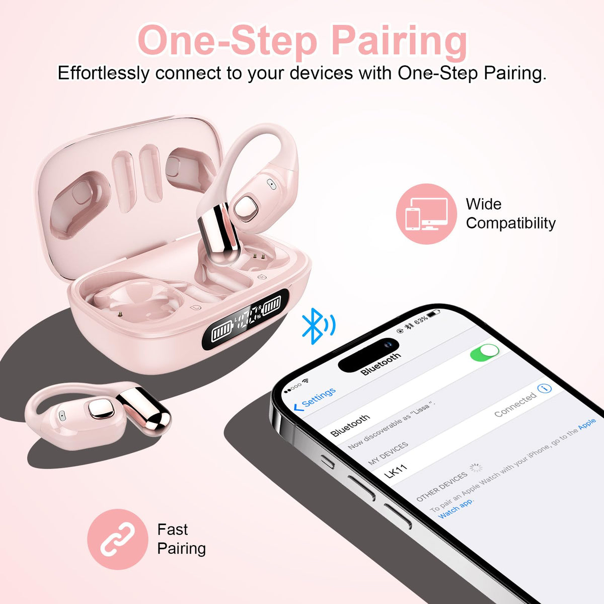 2B2C open-ear buds pink fast charging for extended use