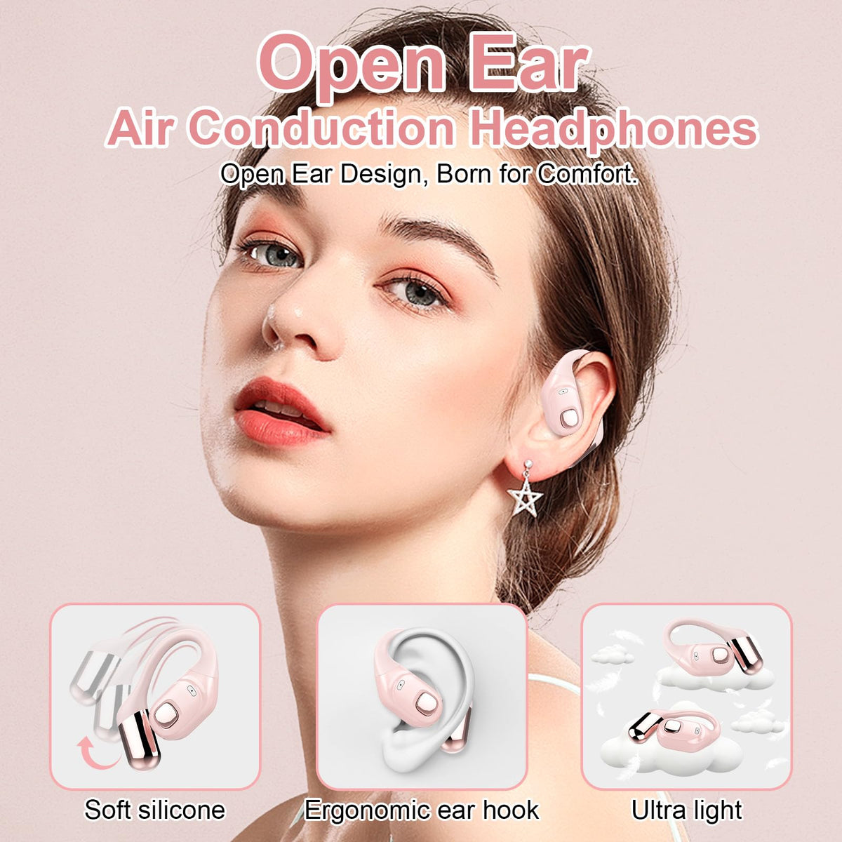 2B2C open-ear buds pink with LED display case for battery checks