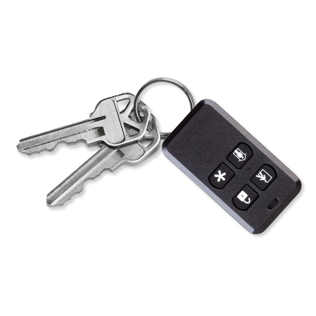 Close-up of the 4-button Key2-345 remote for fast-access commands.