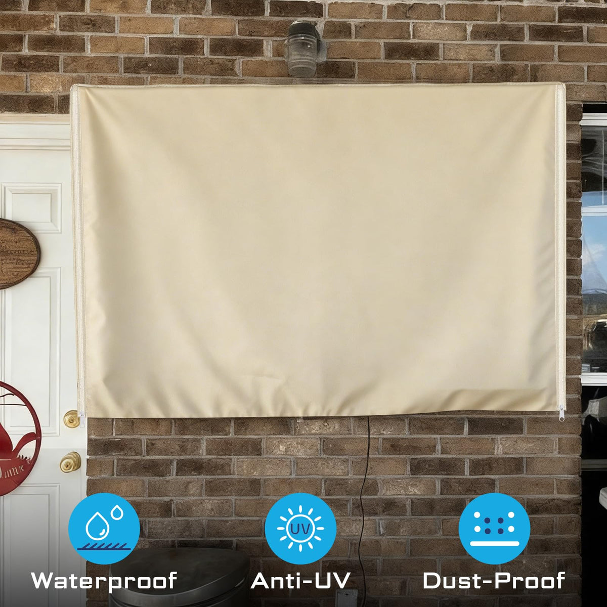 2win2buy patio scene with covered TV, keeps electronics safe outdoors