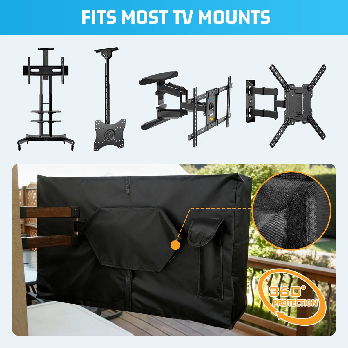 2win2buy Outdoor TV Cover full zipper sides allows easy on/off and roll-up viewing.