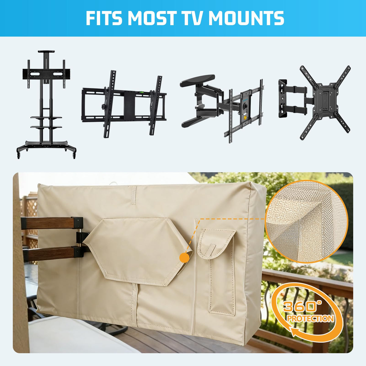 2win2buy Outdoor TV Cover with roll-up strap lets you view without removal