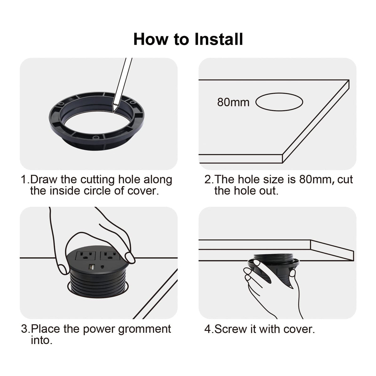 4 LEAF grommet installed on desktop enabling easy reach to outlets