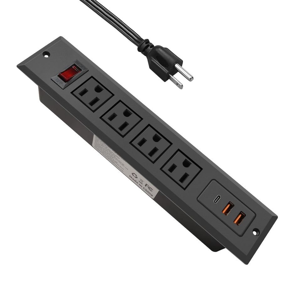 4 LEAF front panel recessed power strip showing flush mount and clean desk benefit