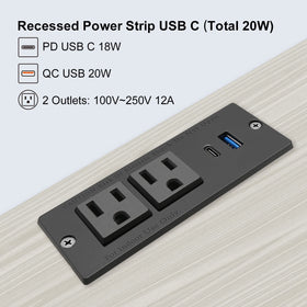 4 LEAF USB-C recessed power strip with PD and QC fast charge for devices.