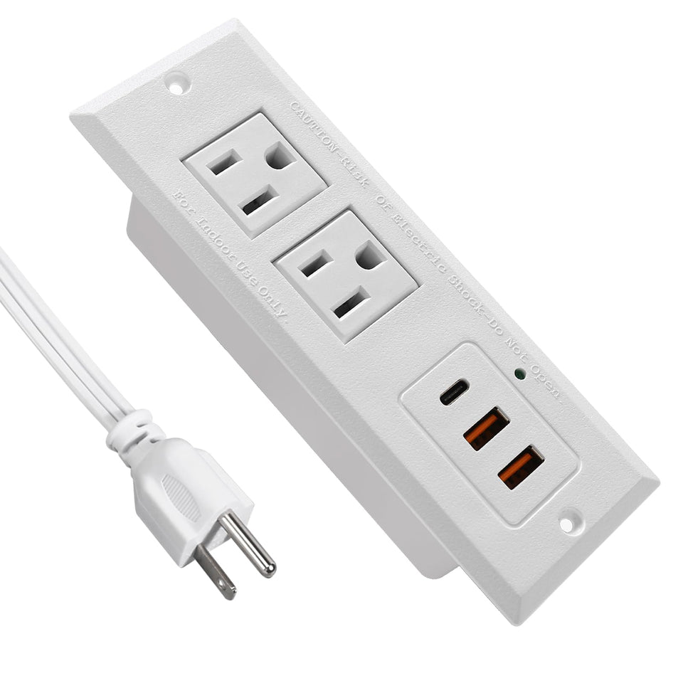4 LEAF desk-mount recessed power strip keeps workspace tidy.